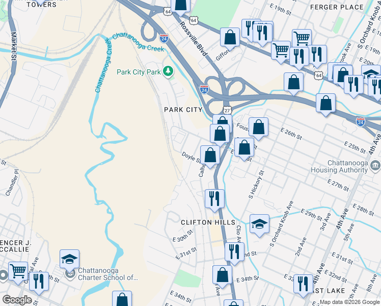 map of restaurants, bars, coffee shops, grocery stores, and more near 2816 Morgan Avenue in Chattanooga