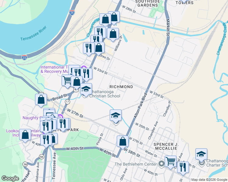 map of restaurants, bars, coffee shops, grocery stores, and more near 3406 Tarlton Avenue in Chattanooga