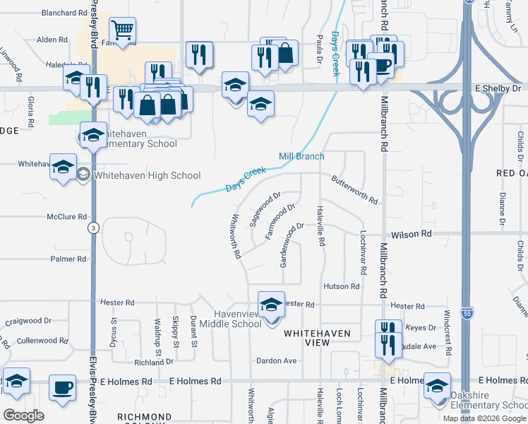 map of restaurants, bars, coffee shops, grocery stores, and more near 4906 Sagewood Drive in Memphis