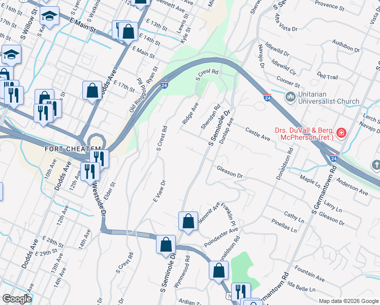 map of restaurants, bars, coffee shops, grocery stores, and more near 3110 Moseley Circle in Chattanooga
