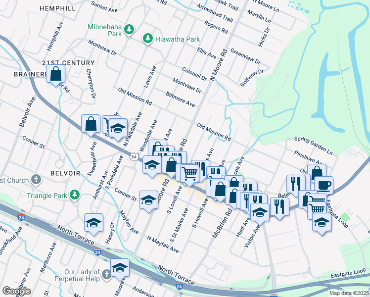 map of restaurants, bars, coffee shops, grocery stores, and more near 100 North Moore Road in Chattanooga
