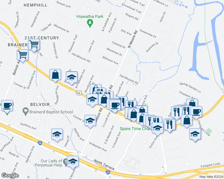 map of restaurants, bars, coffee shops, grocery stores, and more near 104 North Moore Road in Chattanooga