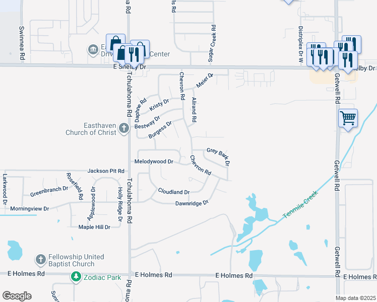 map of restaurants, bars, coffee shops, grocery stores, and more near 4895 Chevron Road in Memphis