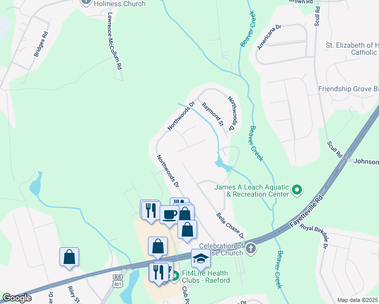 map of restaurants, bars, coffee shops, grocery stores, and more near 115 Dolores Court in Raeford
