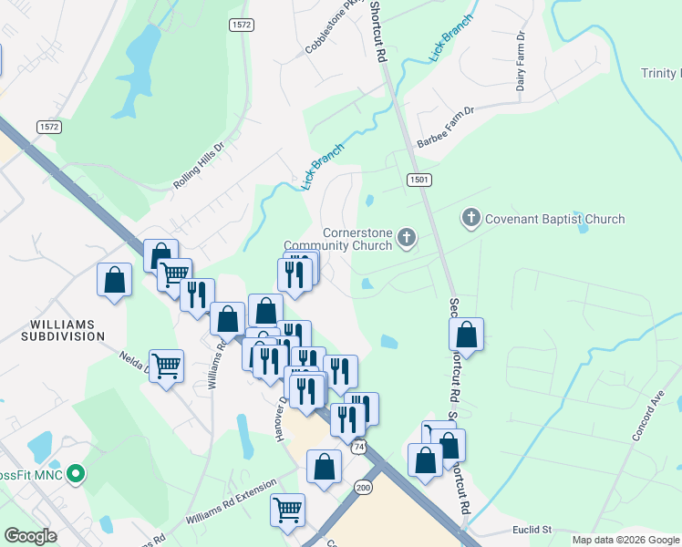 map of restaurants, bars, coffee shops, grocery stores, and more near 2703 Secrest Short Cut Road in Monroe
