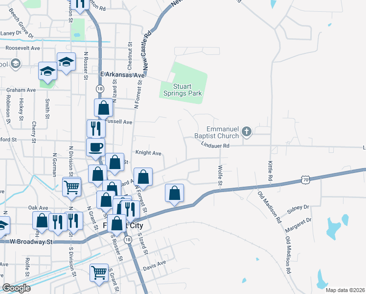 map of restaurants, bars, coffee shops, grocery stores, and more near 433 McClesky Drive in Forrest City