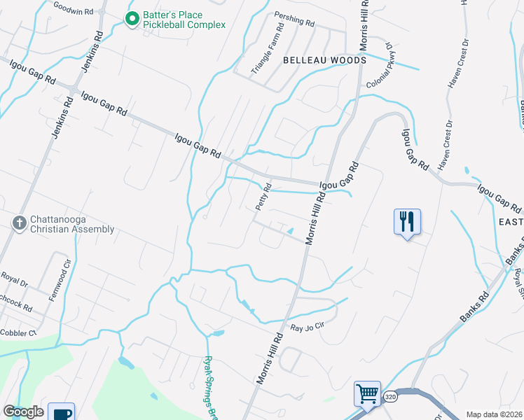 map of restaurants, bars, coffee shops, grocery stores, and more near 8604 Masons Gate Lane in Chattanooga