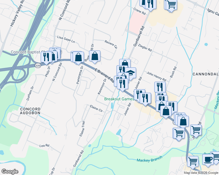 map of restaurants, bars, coffee shops, grocery stores, and more near 7316 Kenmoor Terrace in Chattanooga