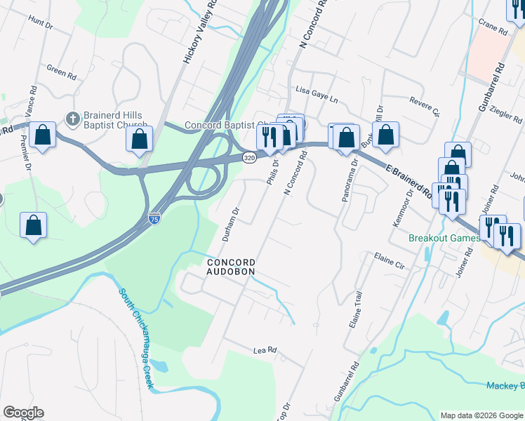 map of restaurants, bars, coffee shops, grocery stores, and more near 1310 Phils Drive in Chattanooga