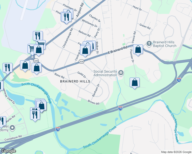 map of restaurants, bars, coffee shops, grocery stores, and more near 401 Guild Drive in Chattanooga