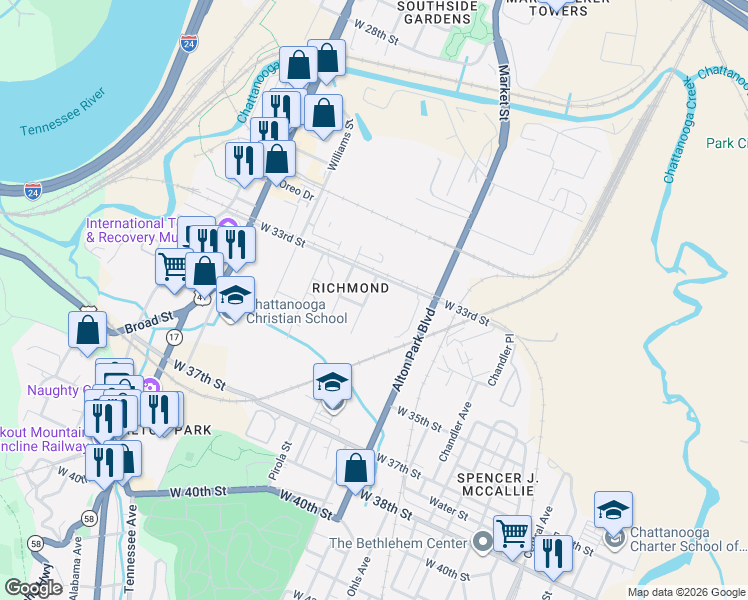 map of restaurants, bars, coffee shops, grocery stores, and more near 3316 Delong Street in Chattanooga
