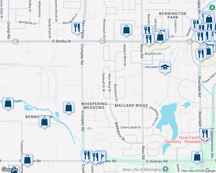 map of restaurants, bars, coffee shops, grocery stores, and more near 4904 Gadwall Drive North in Memphis