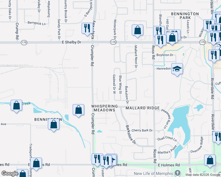 map of restaurants, bars, coffee shops, grocery stores, and more near 4904 Gadwall Drive North in Memphis