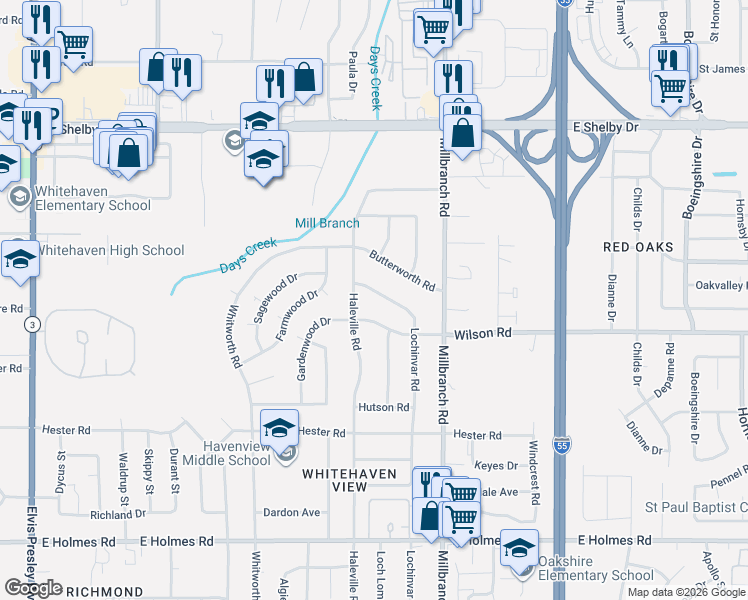 map of restaurants, bars, coffee shops, grocery stores, and more near 1598 Wilson Road in Memphis