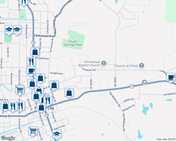 map of restaurants, bars, coffee shops, grocery stores, and more near 311 Wolfe Street in Forrest City