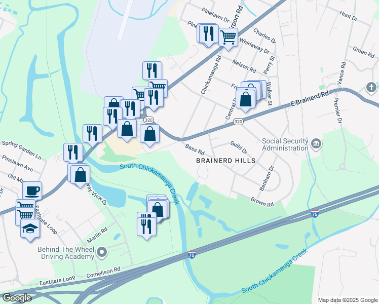map of restaurants, bars, coffee shops, grocery stores, and more near 222 Bass Road in Chattanooga