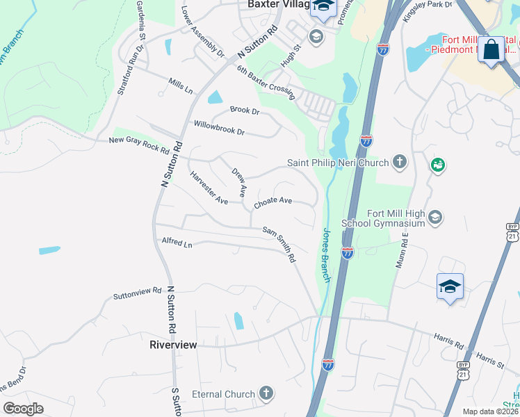 map of restaurants, bars, coffee shops, grocery stores, and more near 209 Choate Avenue in Fort Mill