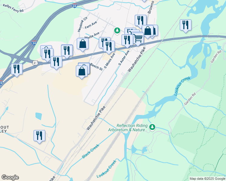 map of restaurants, bars, coffee shops, grocery stores, and more near 223 Wauhatchie Pike in Chattanooga
