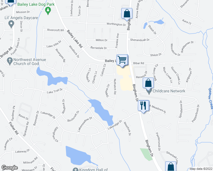 map of restaurants, bars, coffee shops, grocery stores, and more near 1820 Daphne Circle in Fayetteville