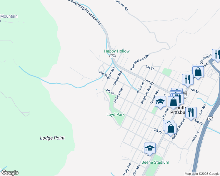map of restaurants, bars, coffee shops, grocery stores, and more near 318 Locust Avenue in South Pittsburg
