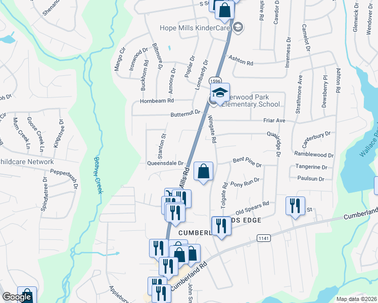 map of restaurants, bars, coffee shops, grocery stores, and more near 2249 Hope Mills Road in Fayetteville