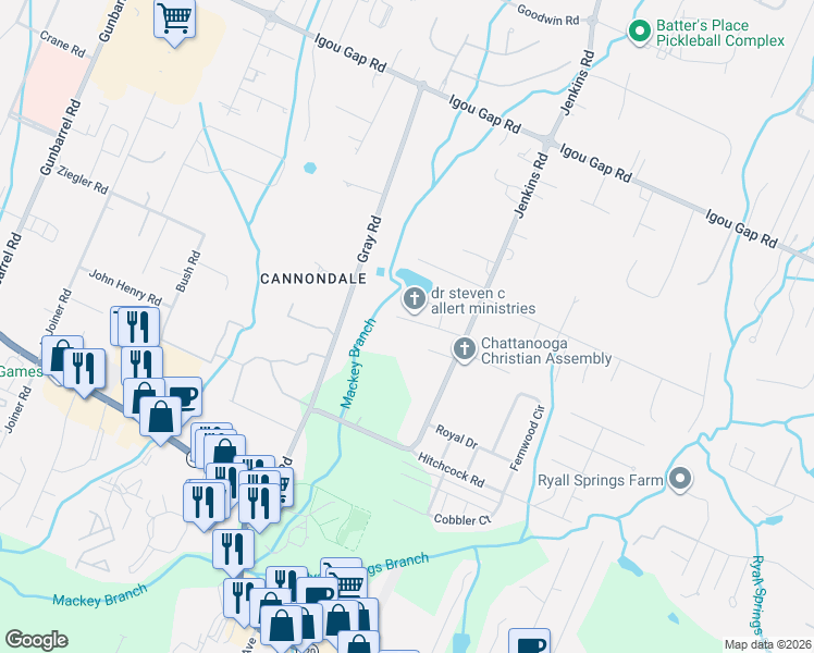map of restaurants, bars, coffee shops, grocery stores, and more near 8258 Chula Creek Road in Chattanooga