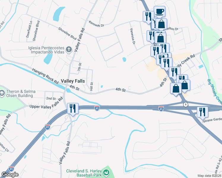 map of restaurants, bars, coffee shops, grocery stores, and more near 274 4th Street in Boiling Springs