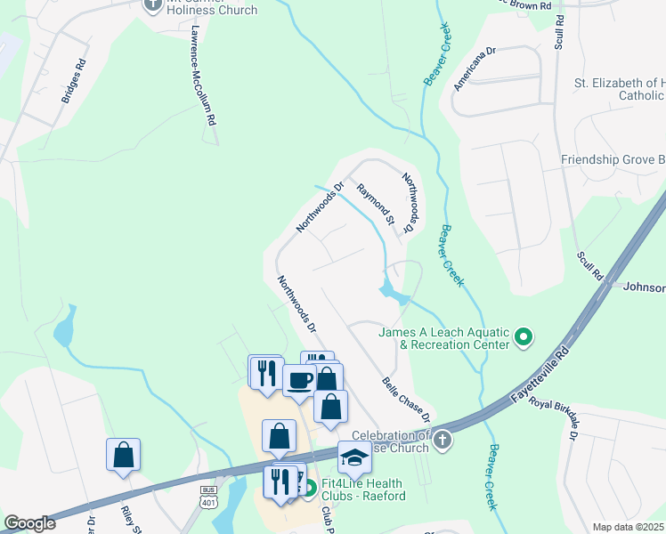 map of restaurants, bars, coffee shops, grocery stores, and more near 115 Dolores Court in Raeford