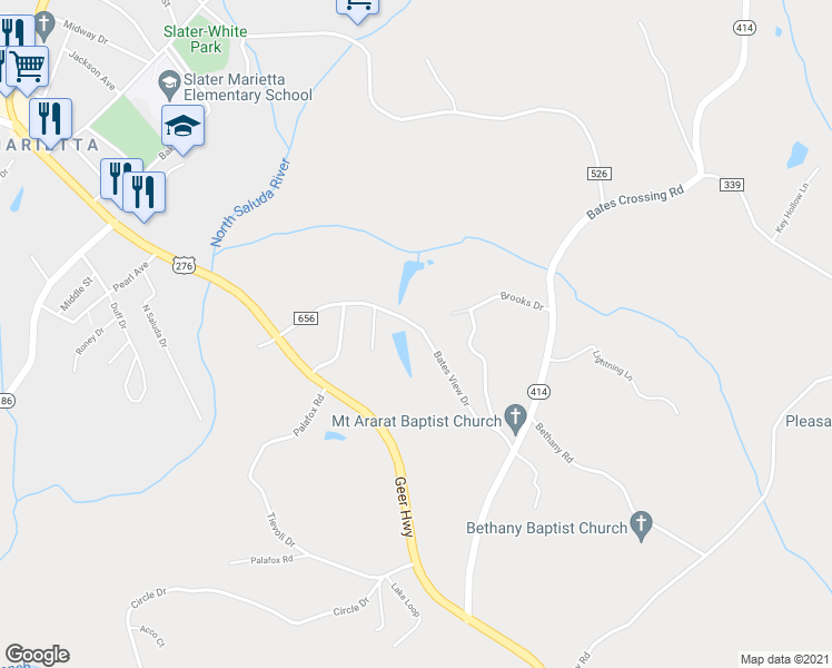 map of restaurants, bars, coffee shops, grocery stores, and more near 310 Bates View Drive in Travelers Rest