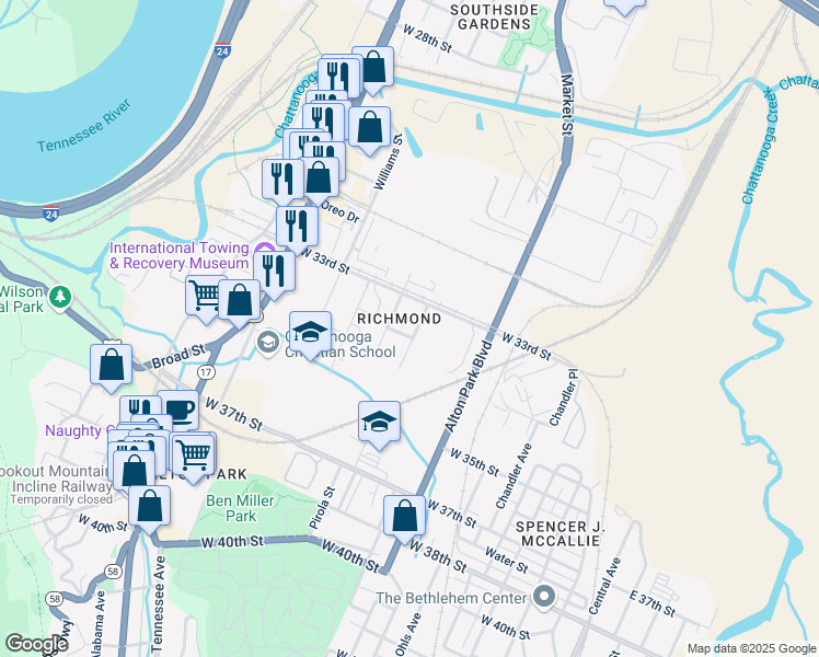 map of restaurants, bars, coffee shops, grocery stores, and more near 3316 Delong Street in Chattanooga