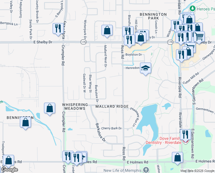 map of restaurants, bars, coffee shops, grocery stores, and more near 4905 Water Fowl Lane in Memphis