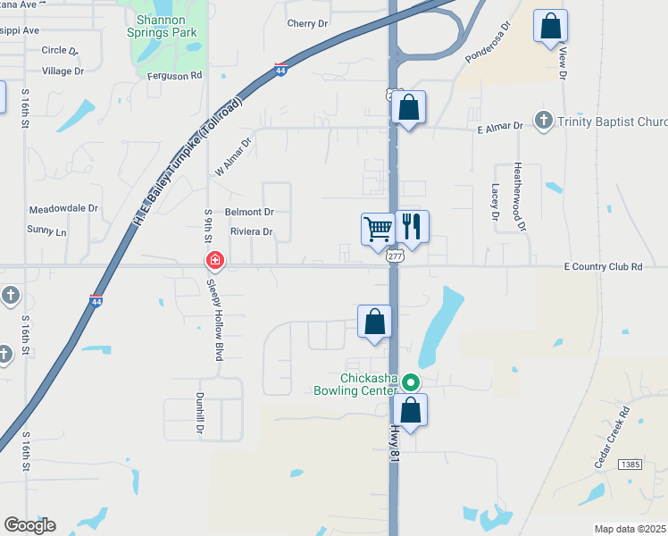 map of restaurants, bars, coffee shops, grocery stores, and more near 523 West Country Club Road in Chickasha
