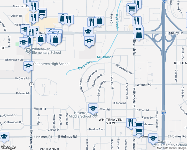 map of restaurants, bars, coffee shops, grocery stores, and more near 4906 Sagewood Drive in Memphis