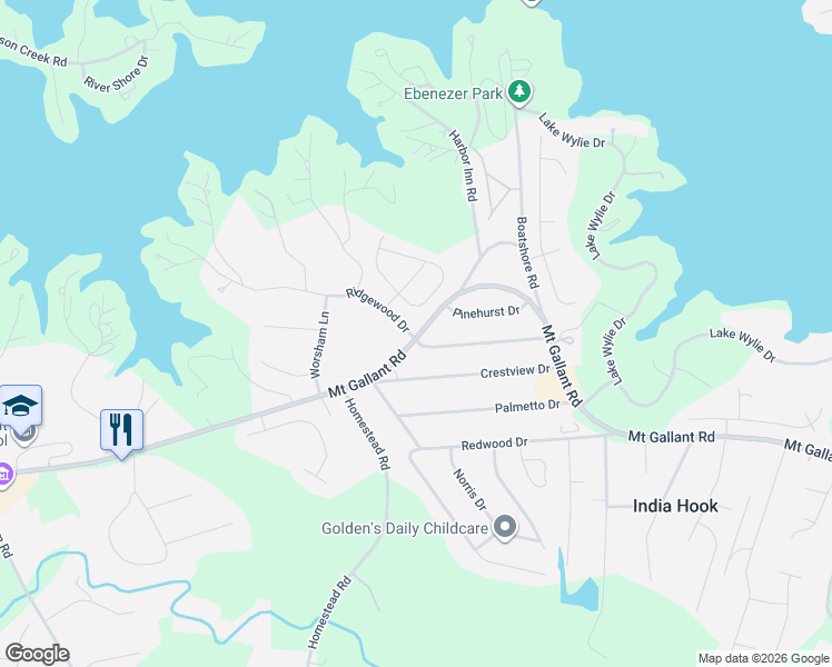 map of restaurants, bars, coffee shops, grocery stores, and more near 4079 Ridgewood Drive in Rock Hill