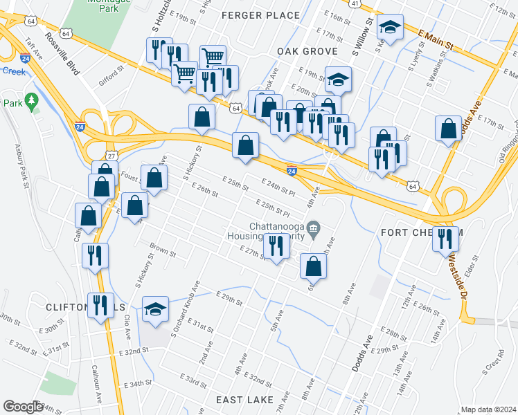 map of restaurants, bars, coffee shops, grocery stores, and more near 1919 East 26th Street in Chattanooga