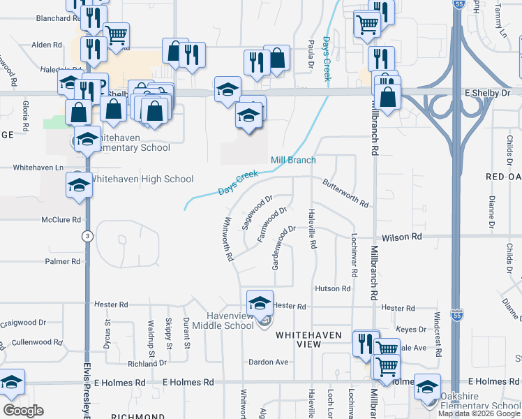 map of restaurants, bars, coffee shops, grocery stores, and more near 4906 Sagewood Drive in Memphis