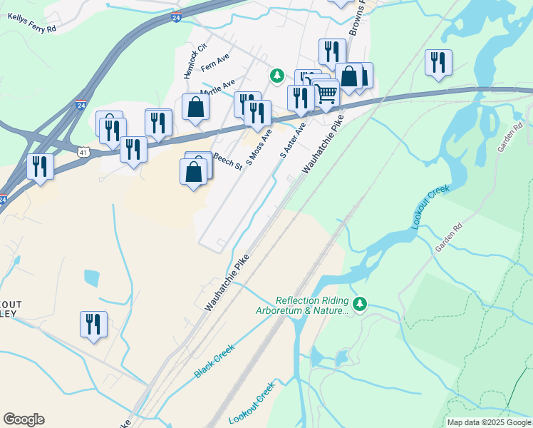 map of restaurants, bars, coffee shops, grocery stores, and more near 223 Wauhatchie Pike in Chattanooga