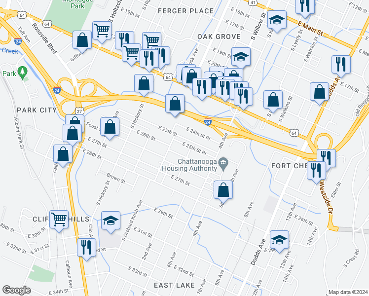 map of restaurants, bars, coffee shops, grocery stores, and more near 1912 East 25th Street Place in Chattanooga