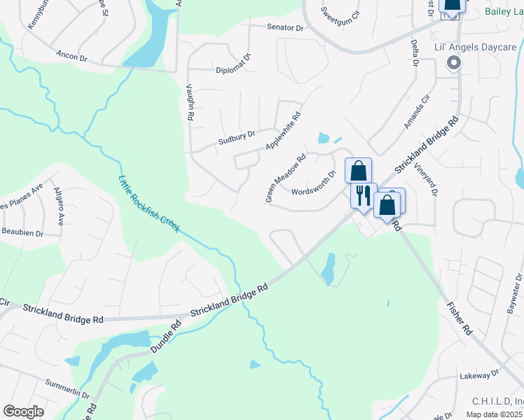 map of restaurants, bars, coffee shops, grocery stores, and more near 6569 Green Meadow Court in Fayetteville