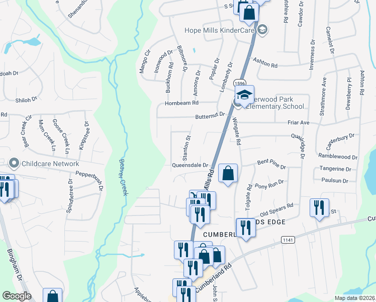 map of restaurants, bars, coffee shops, grocery stores, and more near 2260 Stanton Street in Fayetteville