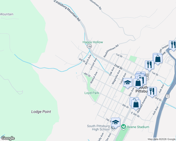 map of restaurants, bars, coffee shops, grocery stores, and more near 318 Locust Avenue in South Pittsburg