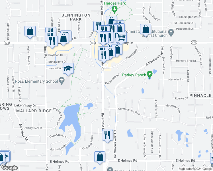 map of restaurants, bars, coffee shops, grocery stores, and more near 6975 Cutter Mill Road in Memphis