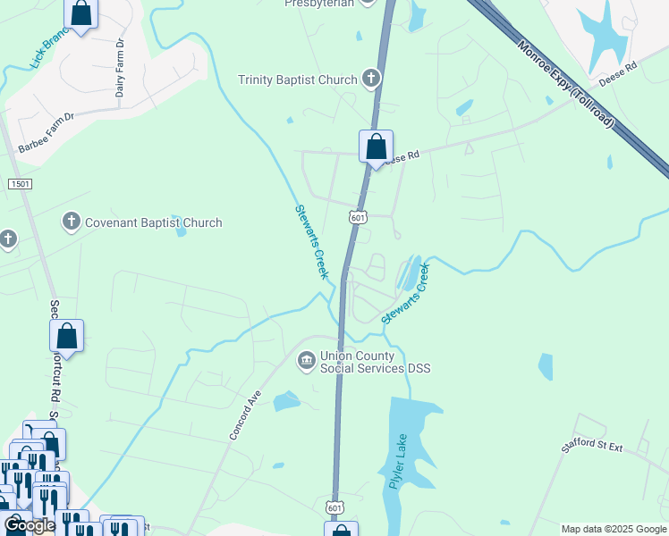 map of restaurants, bars, coffee shops, grocery stores, and more near 2323 Concord Highway in Monroe