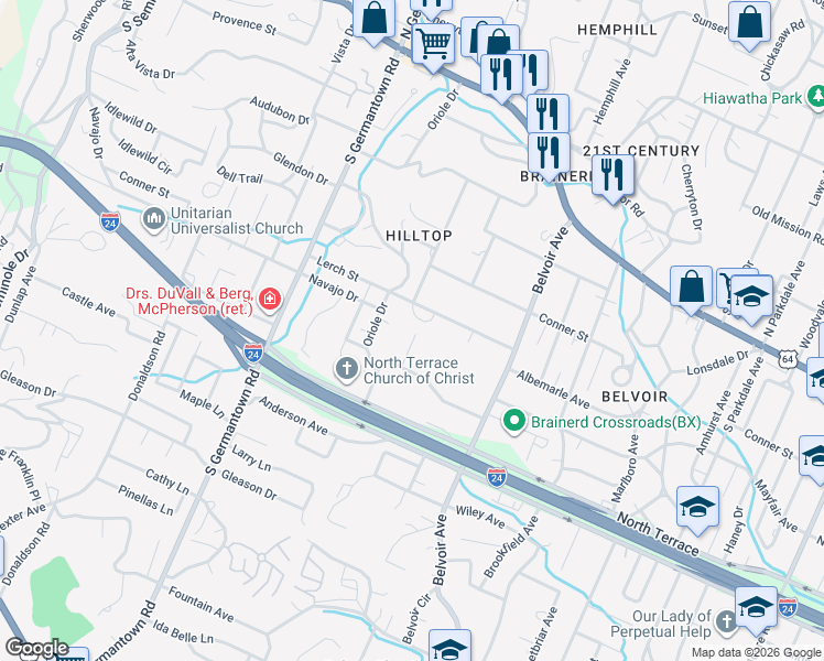 map of restaurants, bars, coffee shops, grocery stores, and more near 300-399 Hilltop Drive in Chattanooga