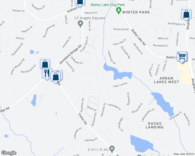 map of restaurants, bars, coffee shops, grocery stores, and more near 6377 Lake Trail Drive in Fayetteville