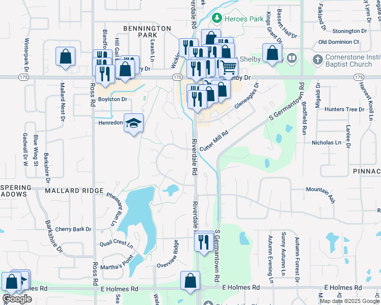 map of restaurants, bars, coffee shops, grocery stores, and more near 4880 Pebblerock Cove in Memphis