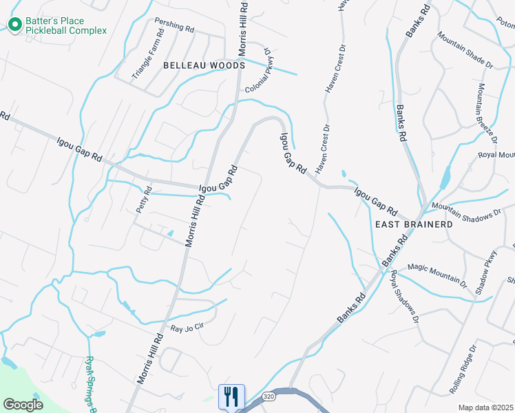 map of restaurants, bars, coffee shops, grocery stores, and more near 1808 Pine Needles Trail in Chattanooga