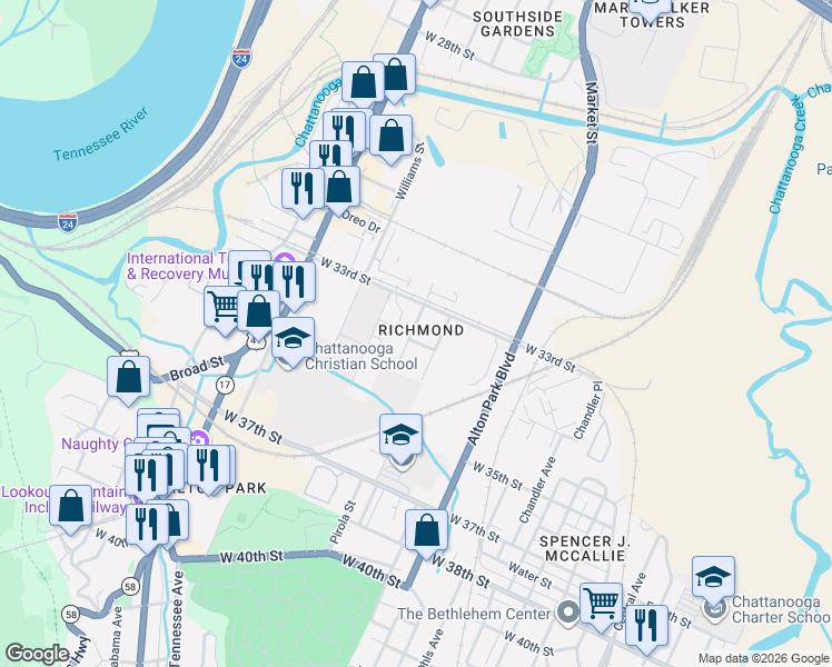 map of restaurants, bars, coffee shops, grocery stores, and more near 3406 Tarlton Avenue in Chattanooga