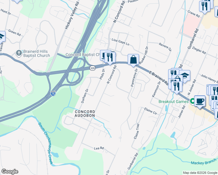 map of restaurants, bars, coffee shops, grocery stores, and more near 1334 North Concord Road in Chattanooga