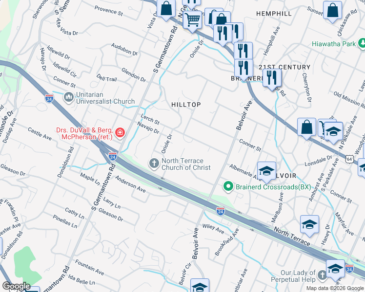 map of restaurants, bars, coffee shops, grocery stores, and more near 300-399 Hilltop Drive in Chattanooga